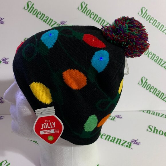 Ugly Christmas Hat Be Jolly Beanie Lights Light Up Pom Cap Black One Size - Picture 3 of 7